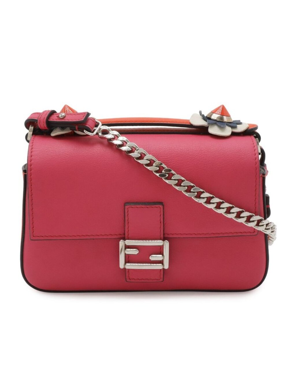 Fendi Double Micro Bucket Mini Bag 2-Way Chain Flower Leather White Pink
